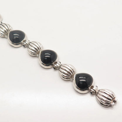 925 Sterling Silver Vintage Real Black Onyx Gemstone Bracelet 7.25"
