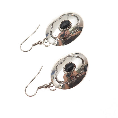 Old Pawn Sterling Silver Vintage Southwestern Black Onyx Concho Dangle Earrings
