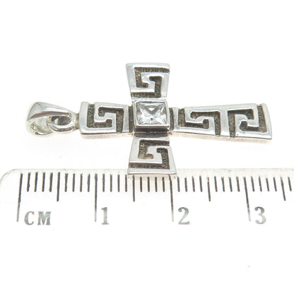 925 Sterling Silver Vintage Princess-Cut C Z Greek Maze Cross Pendant