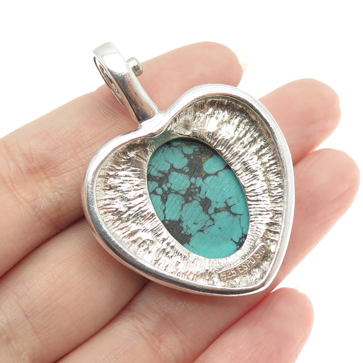 J. ESPOSITO 925 Sterling Silver Vintage Real Turquoise Gemstone Heart Pendant