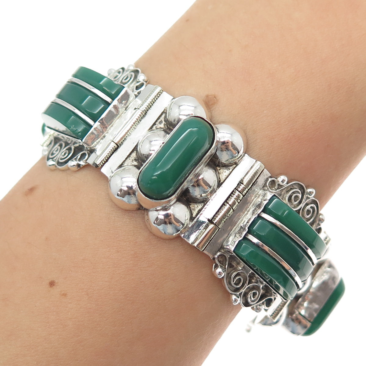 925 Sterling Silver Vintage Mexico Real Green Onyx Panel Link Bracelet 6.75"