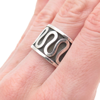 925 Sterling Silver Vintage Zig Zag Oxidized Wide Band Ring Size 8.25