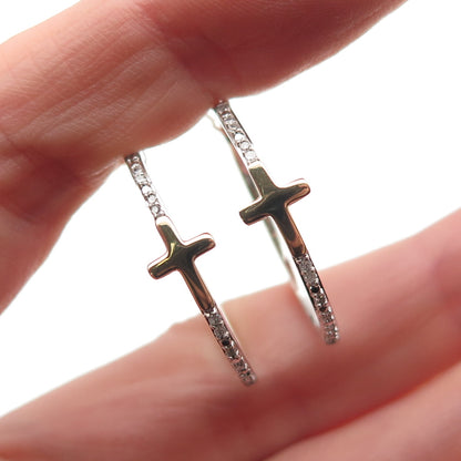 Sun 925 Sterling Silver 10K Gold Real Round-Cut Diamond Cross Hoop Earrings