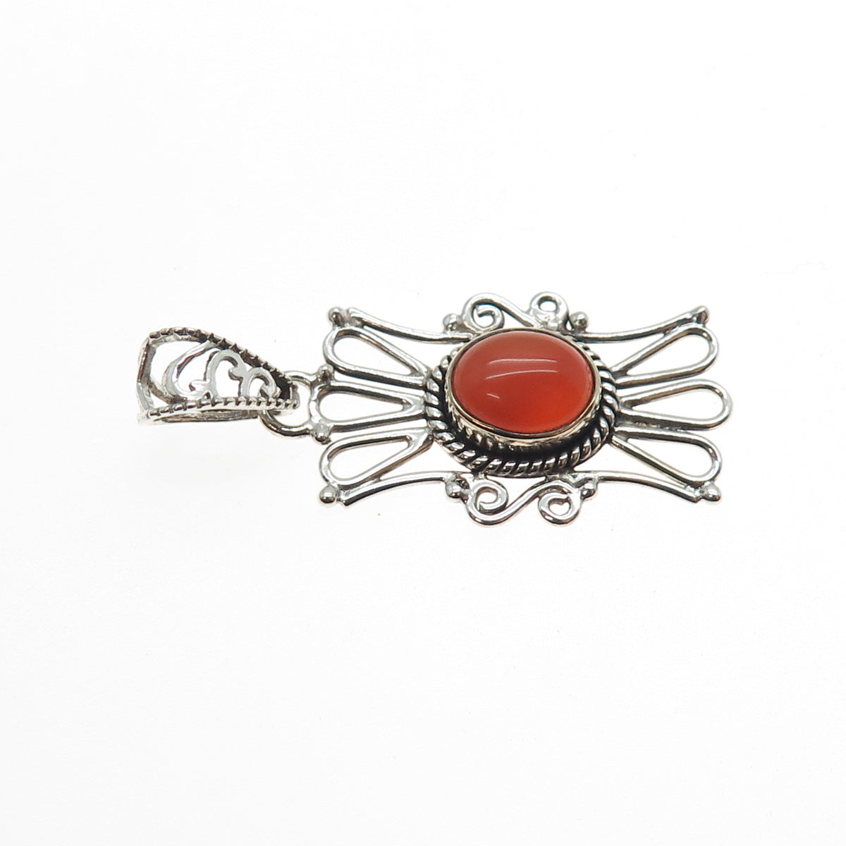 925 Sterling Silver Vintage Real Agate Ornate Oxidized Charm Pendant