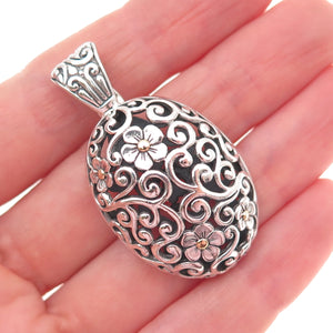 925 Sterling Silver 18K Gold Vintage Floral Ornate Oxidized Charm Pendant