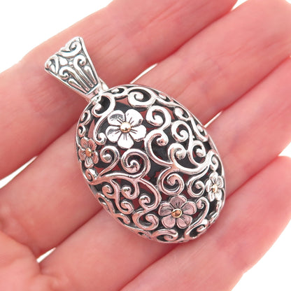 925 Sterling Silver 18K Gold Vintage Floral Ornate Oxidized Charm Pendant