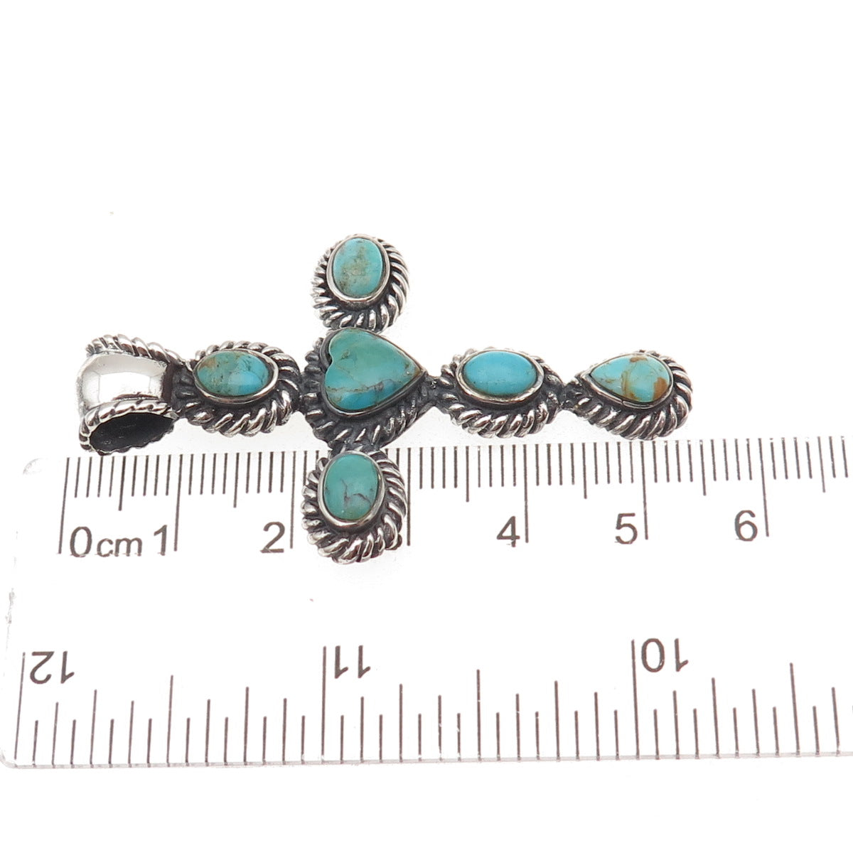 925 Sterling Silver Vintage Real Turquoise Heart Cross Oxidized Charm Pendant