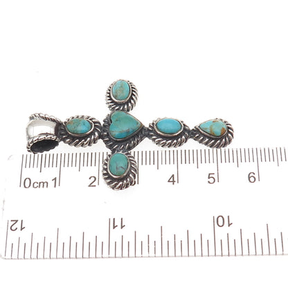 925 Sterling Silver Vintage Real Turquoise Heart Cross Oxidized Charm Pendant