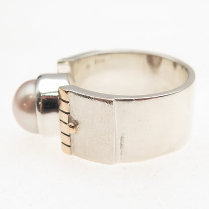 925 Sterling Silver Gold Accent Vintage Real Pearl Modernist Ring Size 8