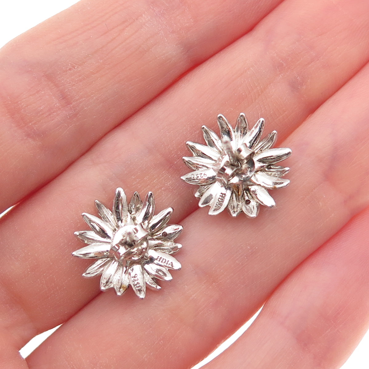 925 Sterling Silver 2-Tone Real Round-Cut Diamond Daisy Flower Stud Earrings