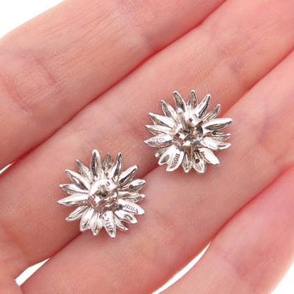 925 Sterling Silver 2-Tone Real Round-Cut Diamond Daisy Flower Stud Earrings