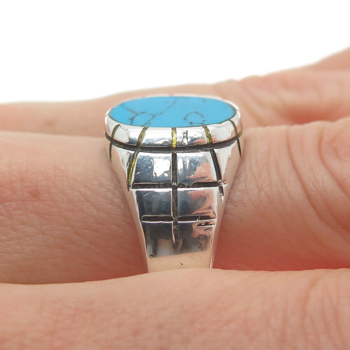 925 Sterling Silver Vintage Mexico Real Turquoise Spider Web Ring Size 12.25