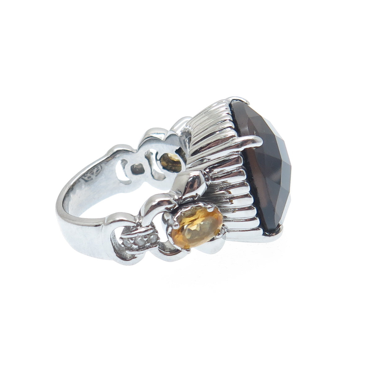 FADI Stainless Steel Real Diamond Smoky Quartz & Citrine Gemstone Ring Size 5.25