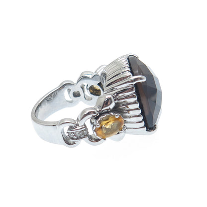 FADI Stainless Steel Real Diamond Smoky Quartz & Citrine Gemstone Ring Size 5.25