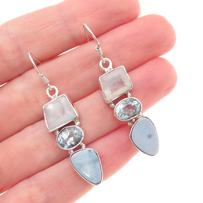 925 Sterling Silver Vintage Real Moonstone Opal & Blue Topaz Dangle Earrings
