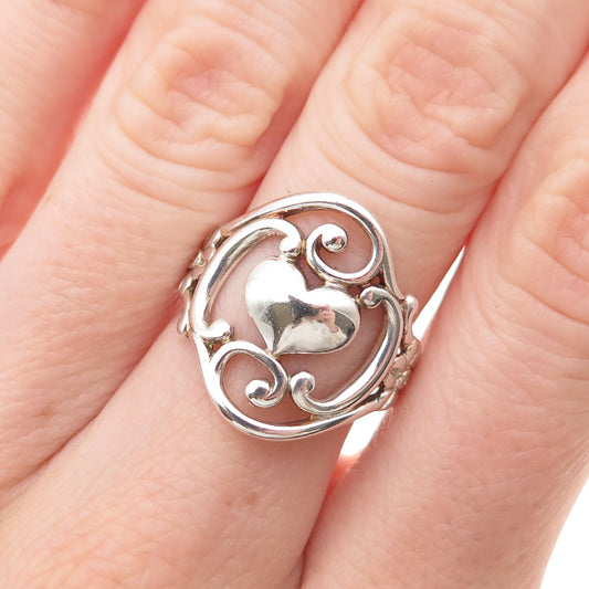 Nevada 925 Sterling Silver Vintage Heart Floral Oxidized Ring Size 6