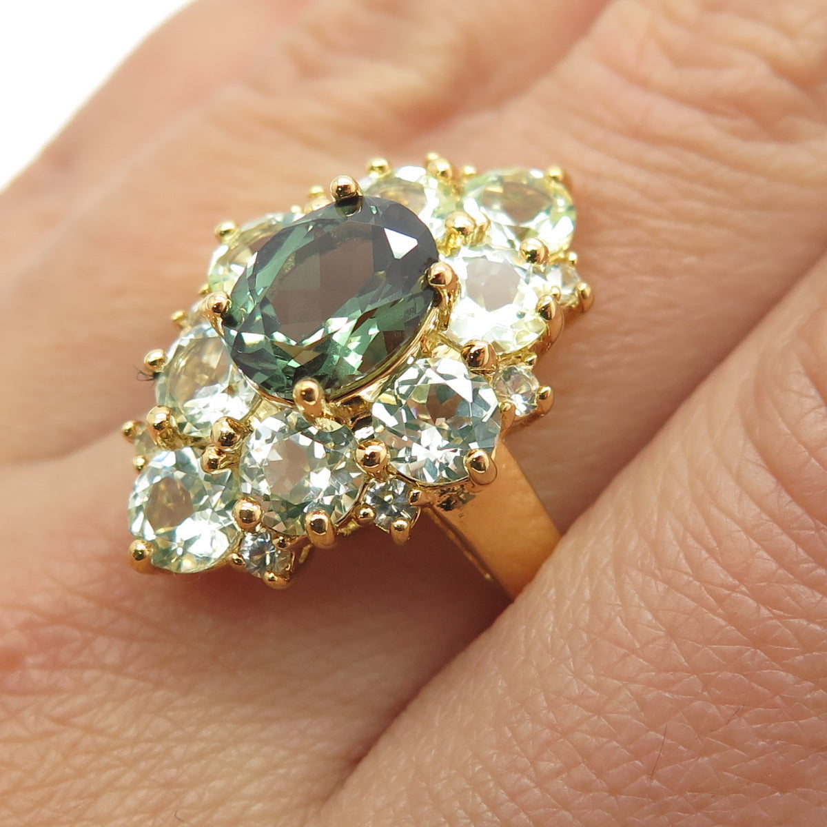 ROSS SIMONS Sterling Silver Gold Plated Green Amethyst & Tourmaline Ring Size 10