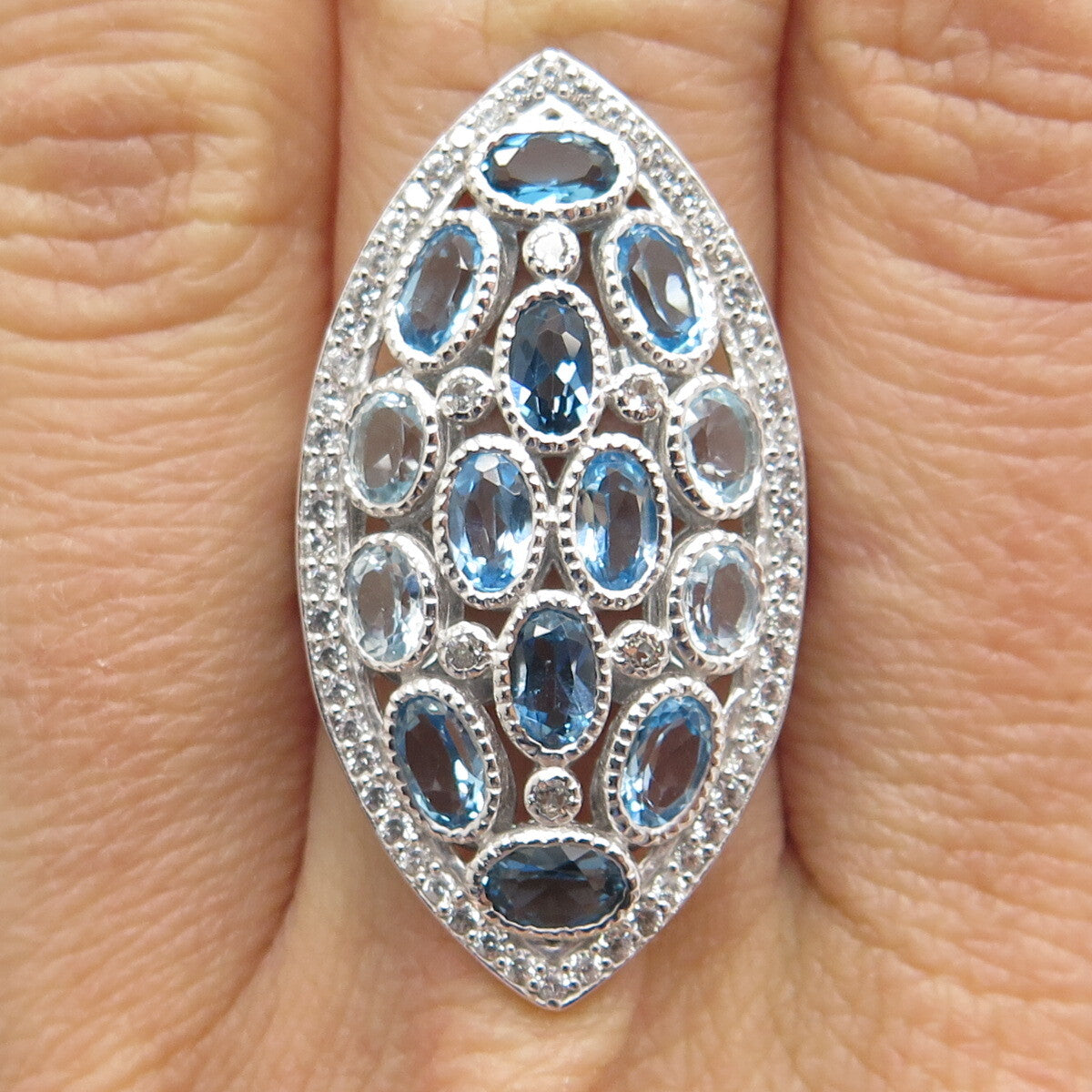 DSMK 925 Sterling Silver Real London & Light Blue White Topaz Ring Size 7