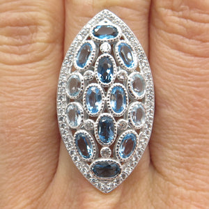 DSMK 925 Sterling Silver Real London & Light Blue White Topaz Ring Size 7