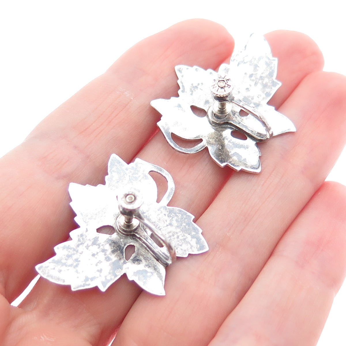 925 Sterling Silver Antique Art Deco Grape Leaf Oxidized Screw Back Earrings