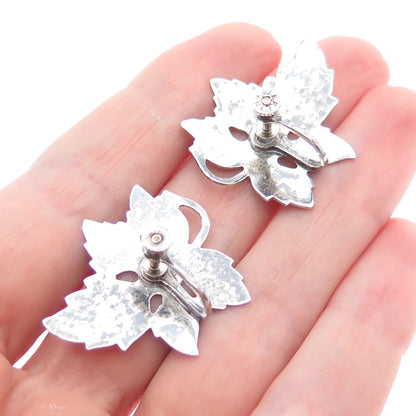 925 Sterling Silver Antique Art Deco Grape Leaf Oxidized Screw Back Earrings
