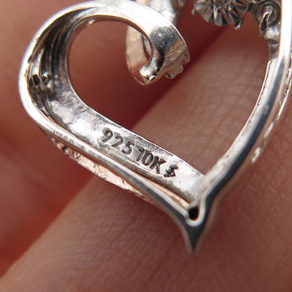925 Sterling Silver 10K Rose Gold Real Diamond Heart Mini Slide Charm Pendant