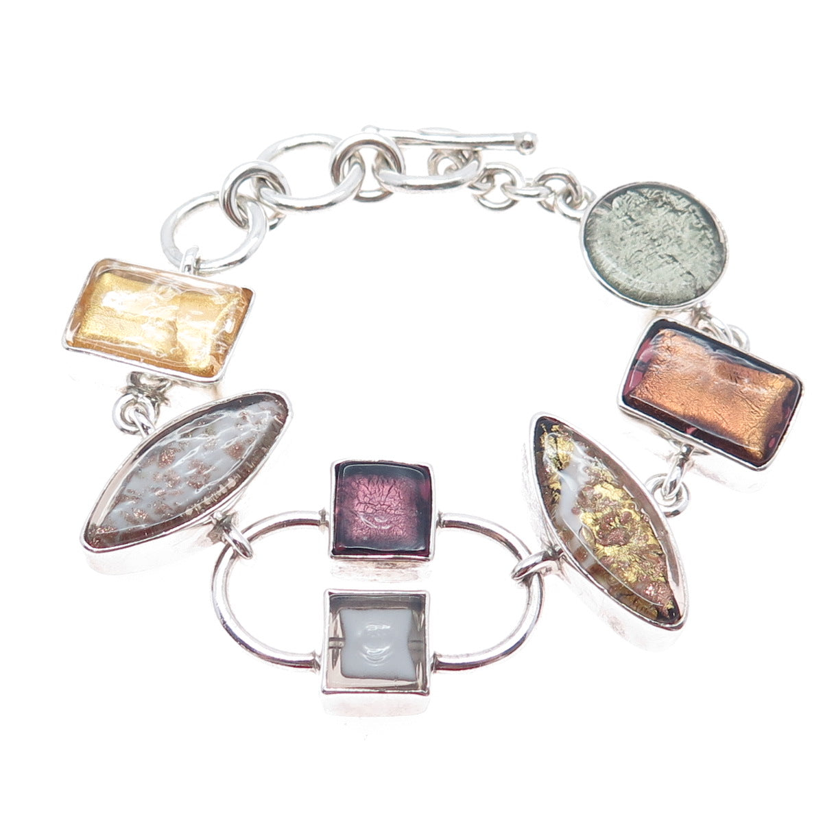 925 Sterling Silver Vintage Dichroic Glass Modernist Heavy 66.3g Bracelet 7-7.5"