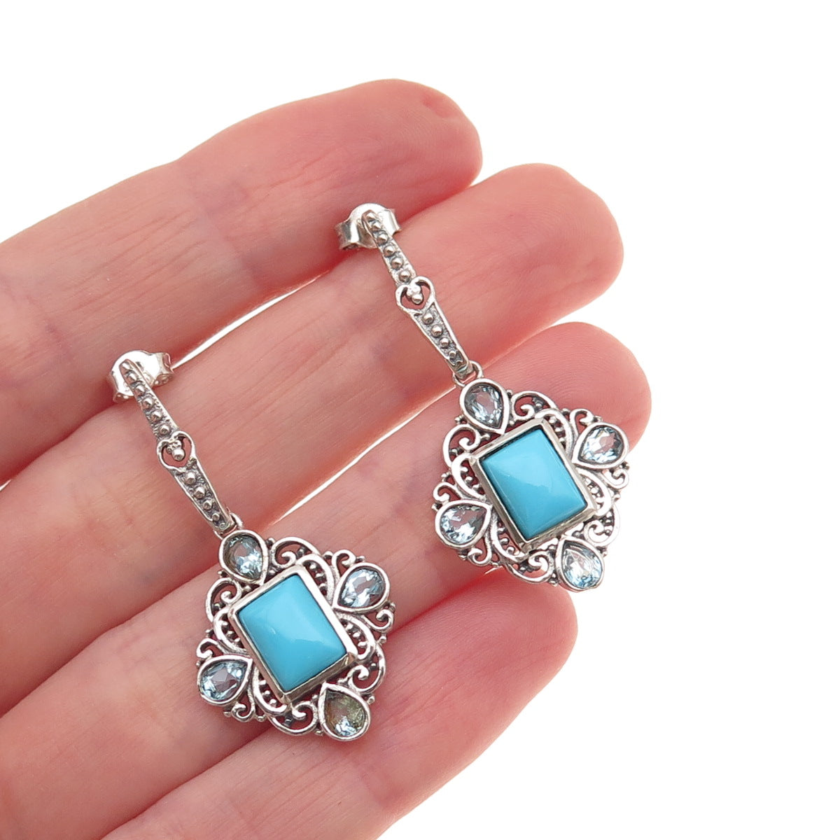 925 Sterling Silver Vintage Real Turquoise & Blue Topaz Dangle Earrings