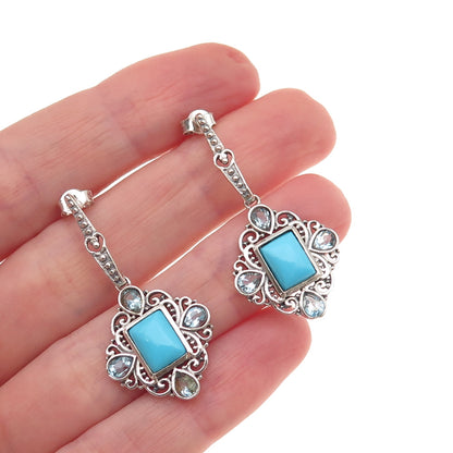 925 Sterling Silver Vintage Real Turquoise & Blue Topaz Dangle Earrings
