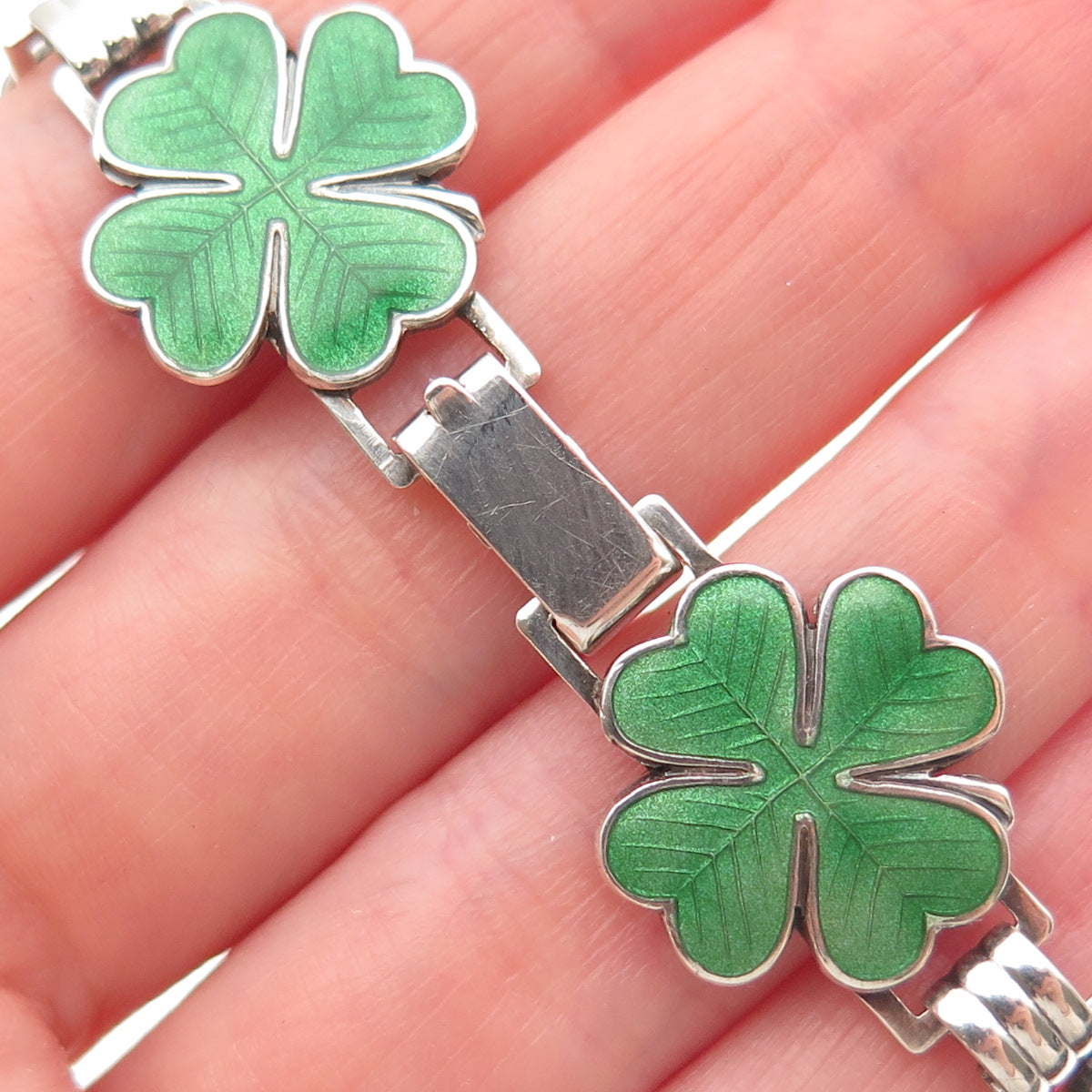 925 Sterling Silver Antique Art Deco Enamel Lucky Clover Link Bracelet 7"