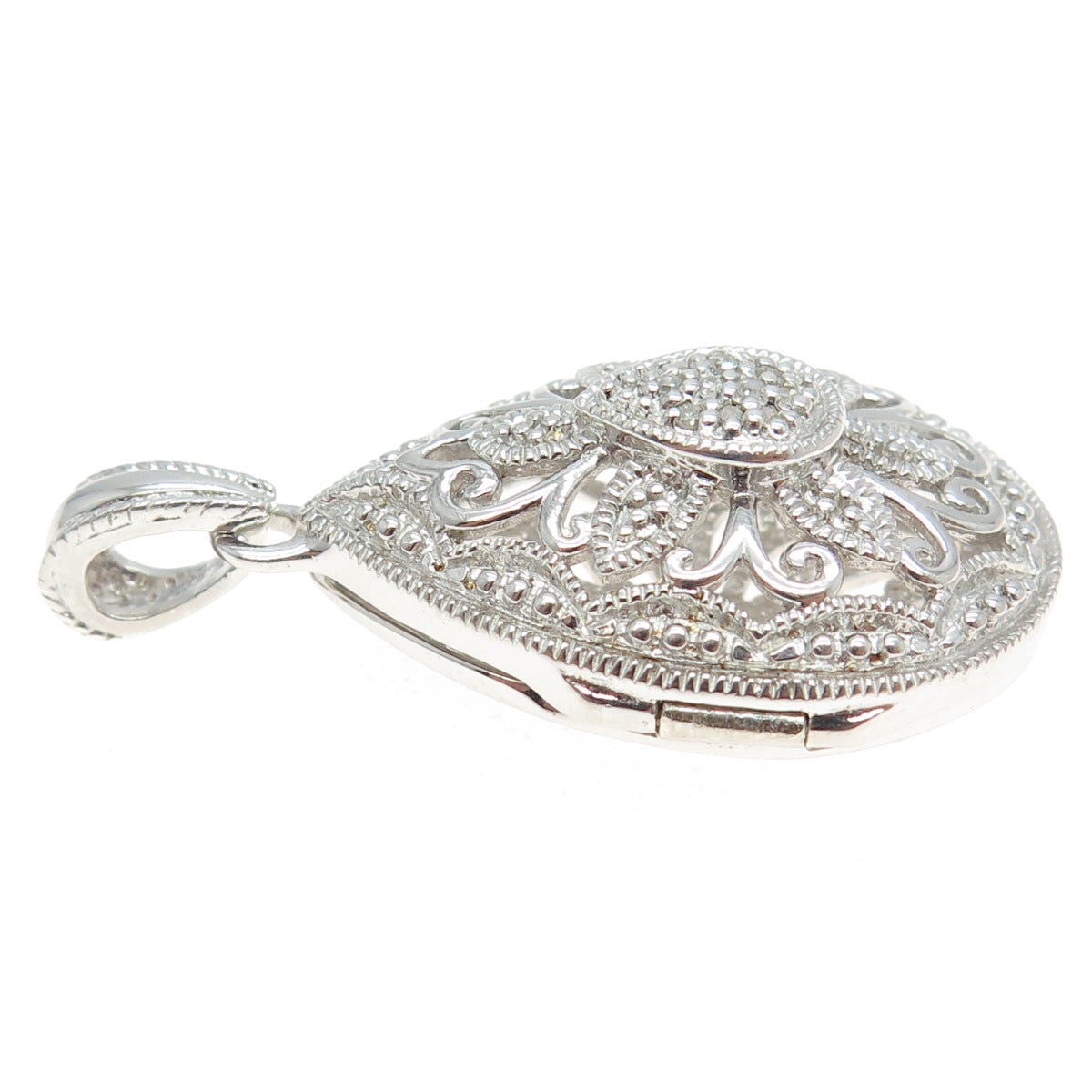 925 Sterling Silver Real Round-Cut Diamond Floral Teardrop Pendant