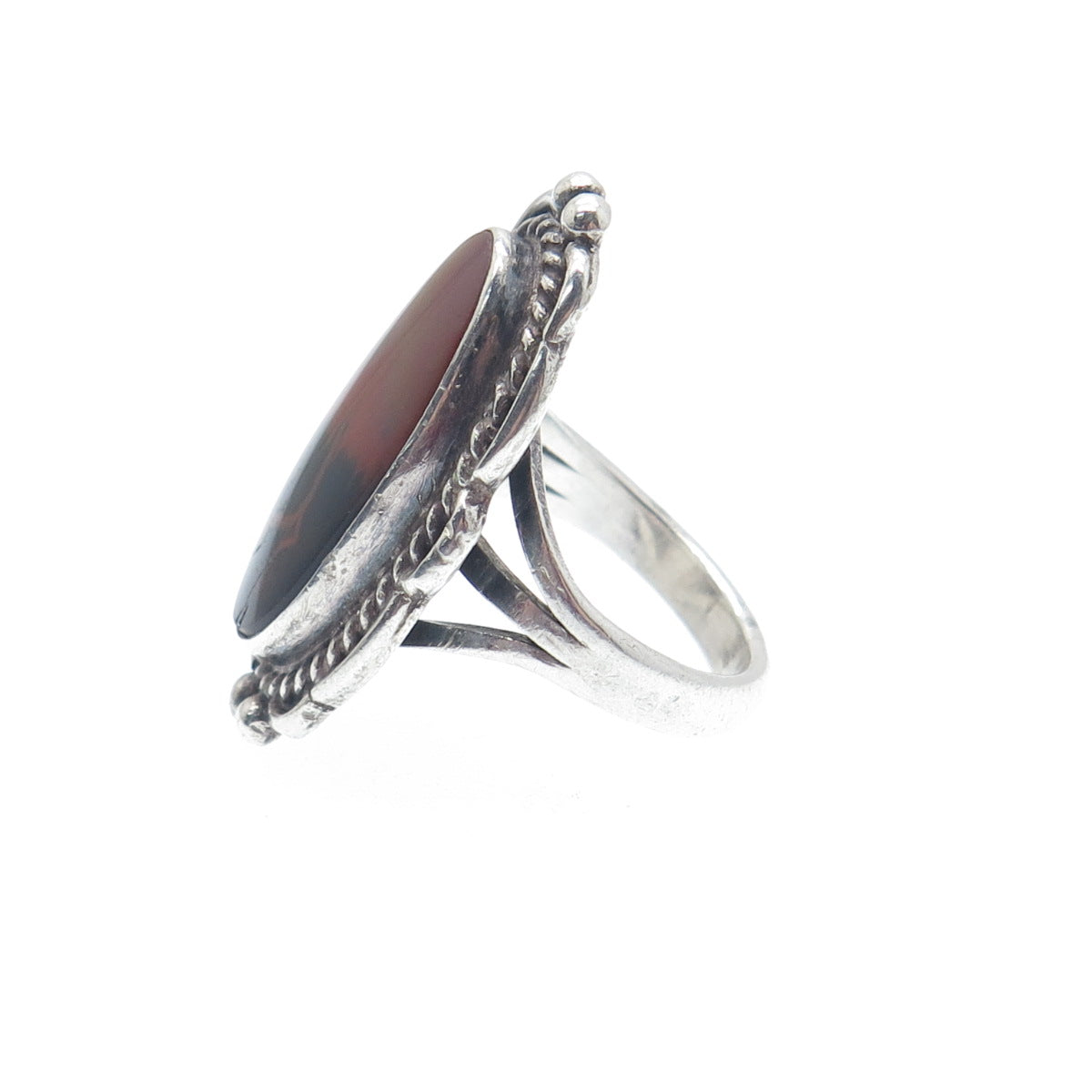 Old Pawn 925 Sterling Vintage Southwestern Real Agate Roped Oxidized Ring Size 5