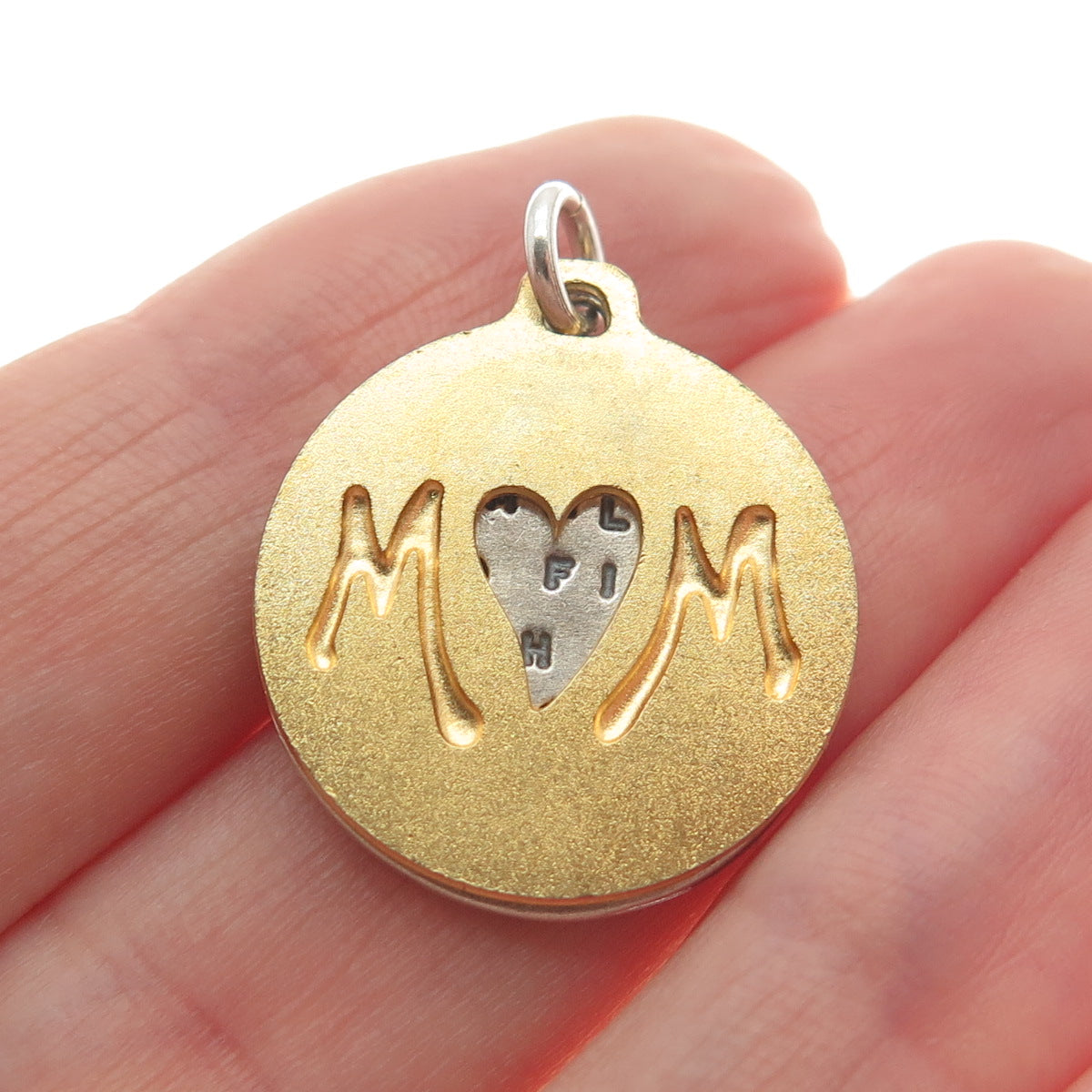 KATHY BRANSFIELD 925 Sterling Silver 2-Tone Vintage "Mom" Love Round Pendant