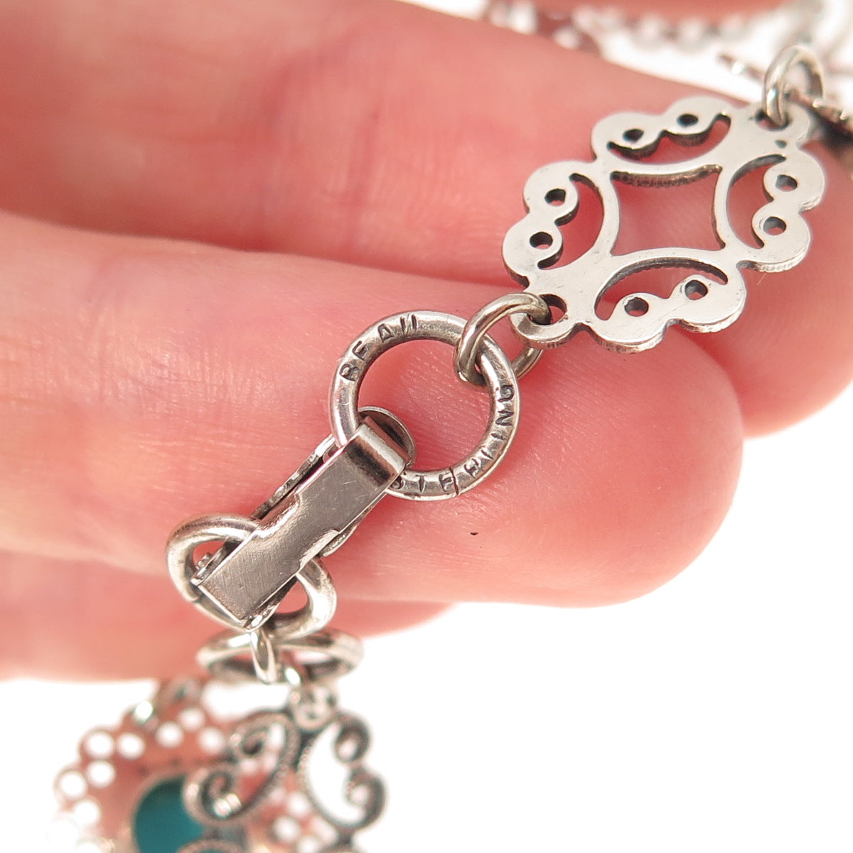 Beau 925 Sterling Silver Vintage Real Turquoise Filigree Oxidized Bracelet 7"