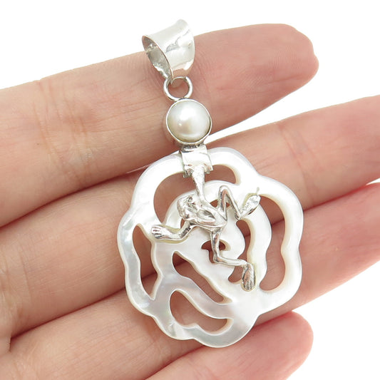 925 Sterling Silver Vintage Real Pearl & Carved MOP Frog on Flower Pendant