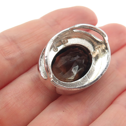 925 Sterling Silver Vintage Real Oval-Cut Smoky Quartz Modernist Slide Pendant