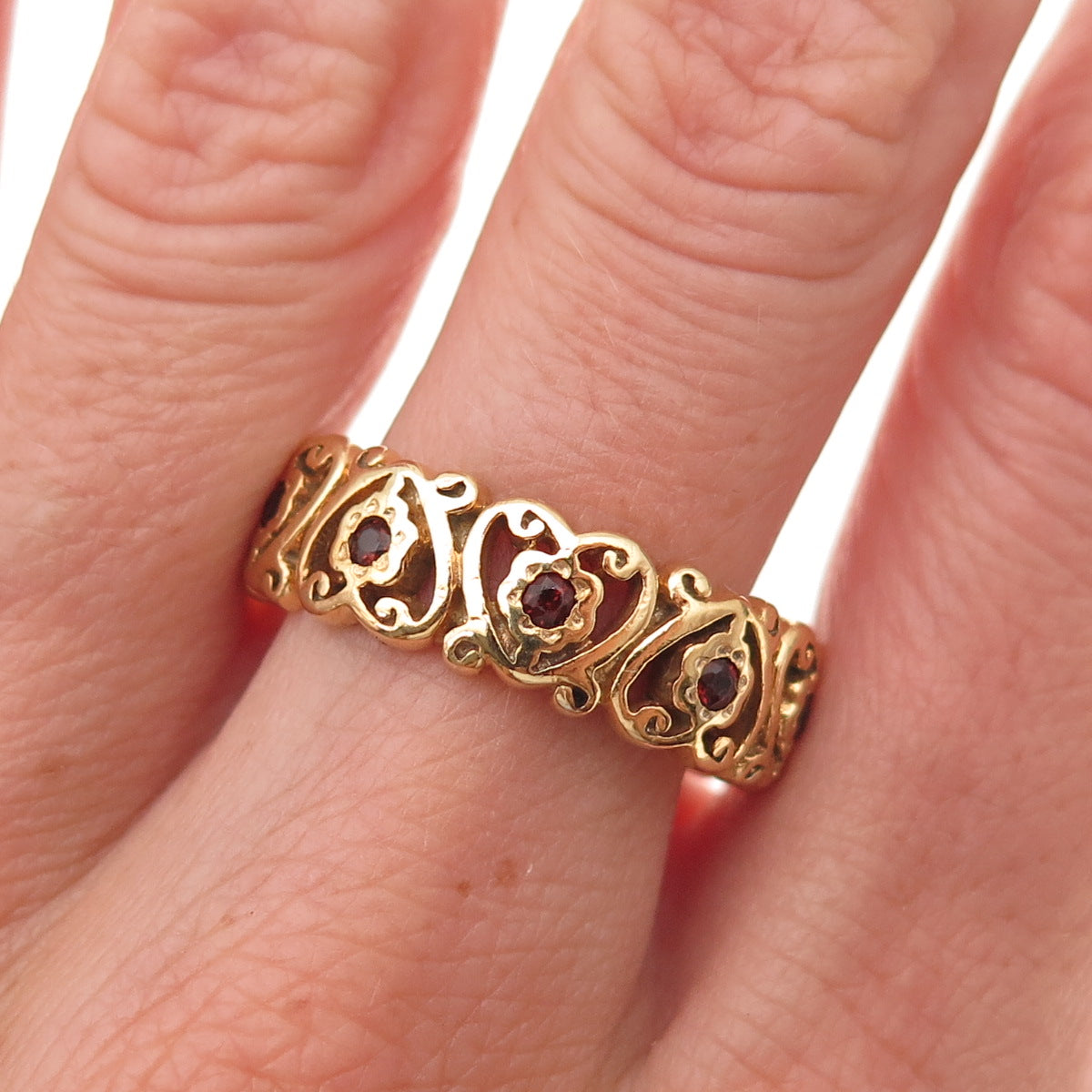Franklin Mint Sterling Silver Gold Plated Vintage Real Garnet Heart Ring Size 10