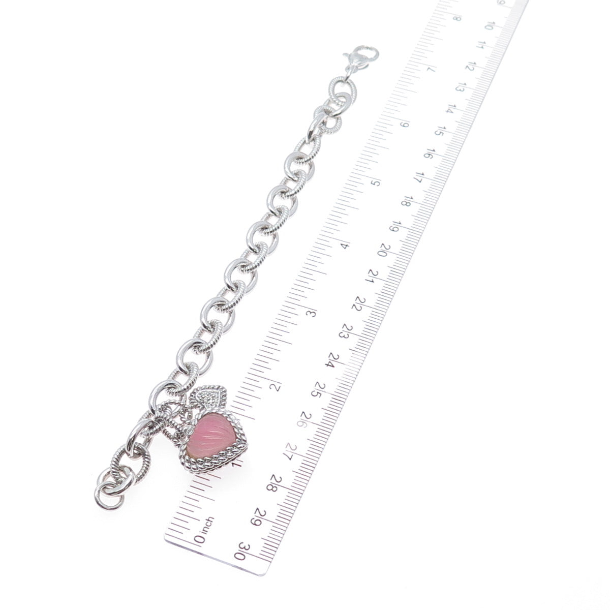 JUDITH RIPKA Sterling Silver Real Rose Quartz & C Z Heart Charm Bracelet 6.5"