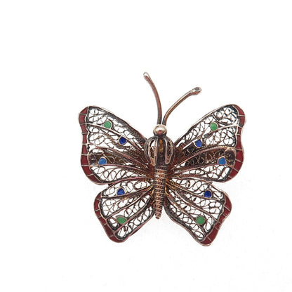 925 Sterling Silver Antique Art Deco Enamel Butterfly Filigree Pin Brooch