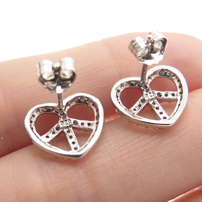 925 Sterling Silver Round-Cut C Z Peace Symbol Heart Stud Earrings