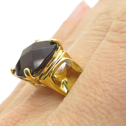 925 Sterling Silver Gold Plated Real Smoky Quartz & Citrine Ring Size 8