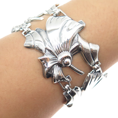 925 Sterling Silver Antique Art Deco Floral Panel Link Oxidized Bracelet 6.5"