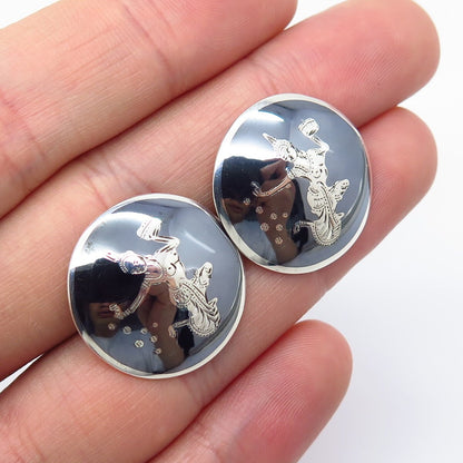 925 Sterling Silver Vintage Siam Niello Hindu Goddess Round Cufflinks