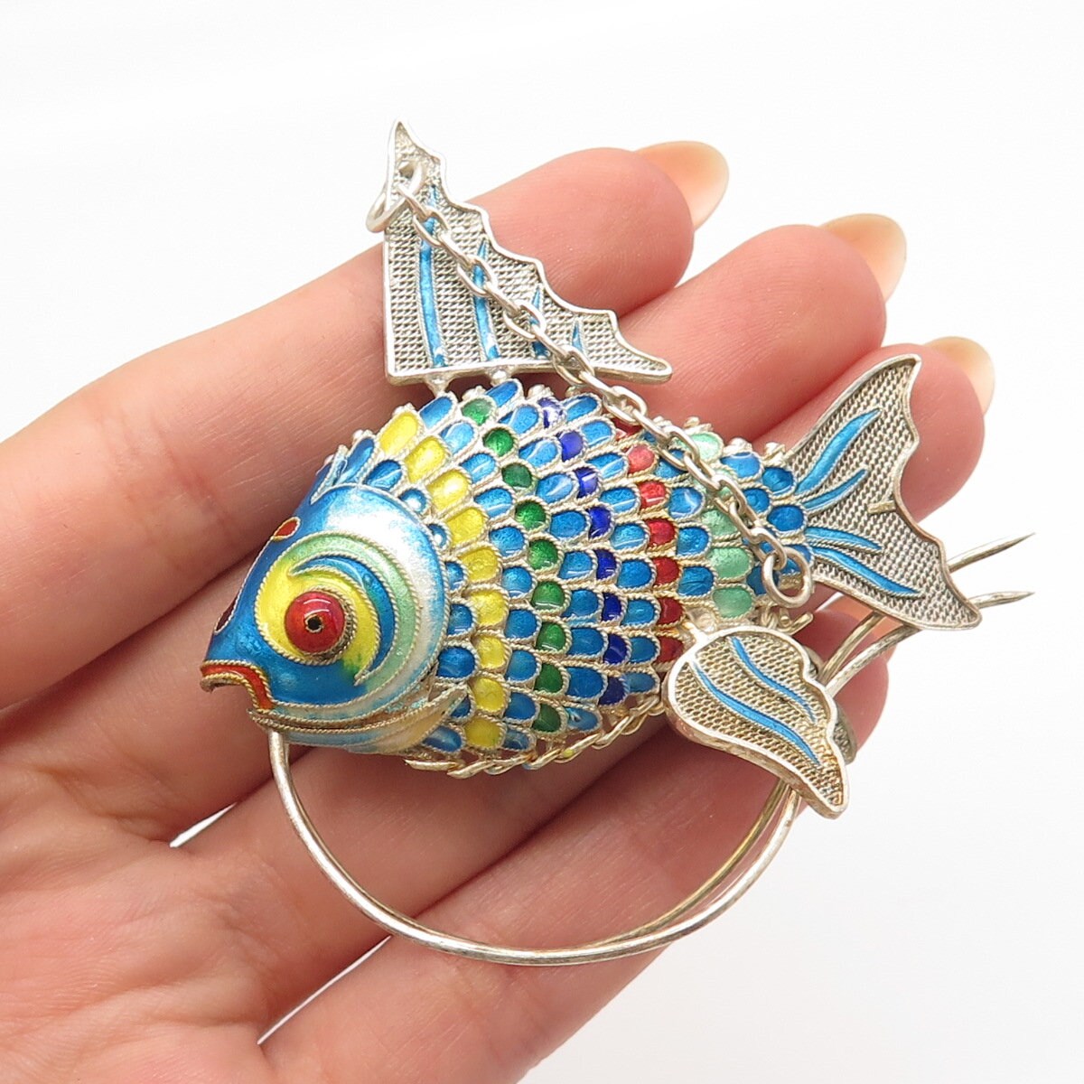925 Sterling Silver Antique Enamel Articulated Chinese Koi Fish Chatelaine Fob