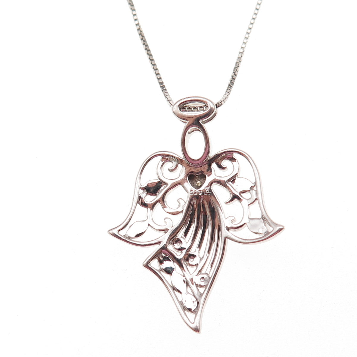 925 Sterling Silver Real Round-Cut Diamond Angel Box Chain Necklace 18"