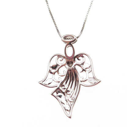 925 Sterling Silver Real Round-Cut Diamond Angel Box Chain Necklace 18"