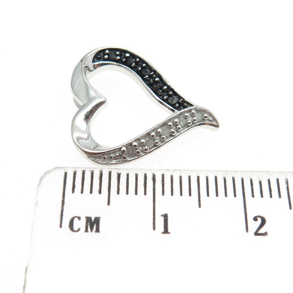 925 Sterling Silver Real Round-Cut Black & White Diamond Heart Slide Pendant