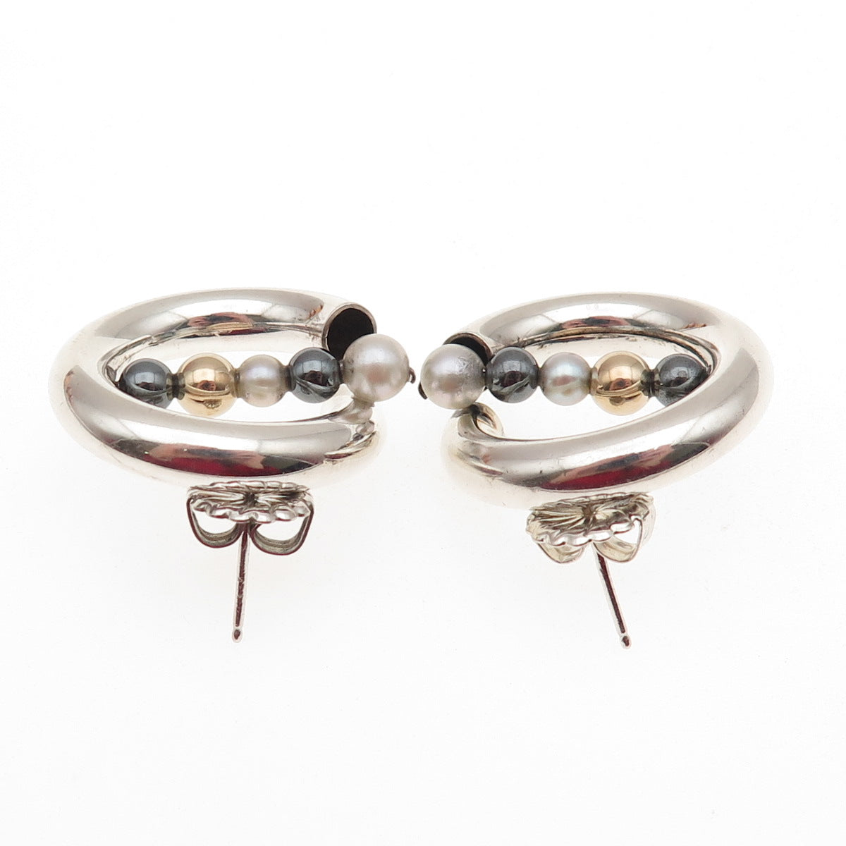 Hiroko Yamada 925 Sterling 2-Tone Vintage Real Pearl Hematite Modernist Earrings