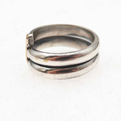925 Sterling Silver 14K Gold Vintage Modernist Bypass Oxidized Ring Size 6.75