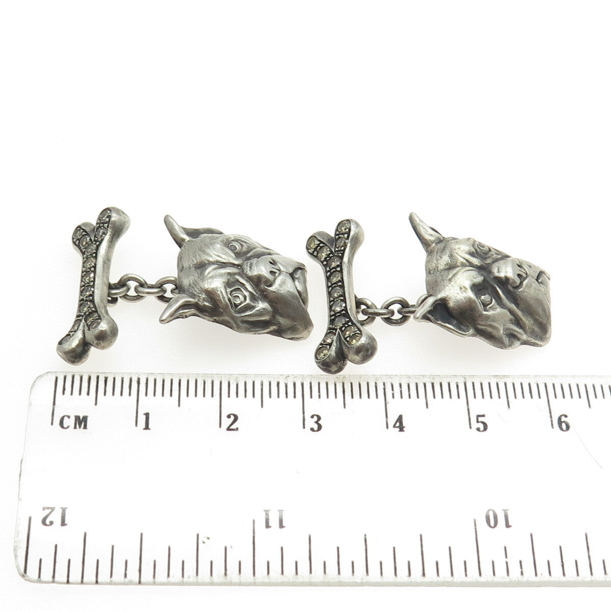 925 Sterling Silver Vintage Real Round-Cut Champagne Diamond Pit Bull Cufflinks